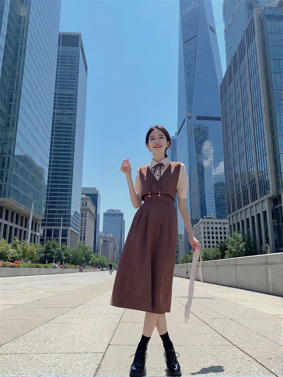 Women'S Casual And Day Dresses Preppy Style Khaki Mid-Calf Lace Flounce Ruffles Bow Tie-Up Drawstring Soft Vintage Boho Romantic