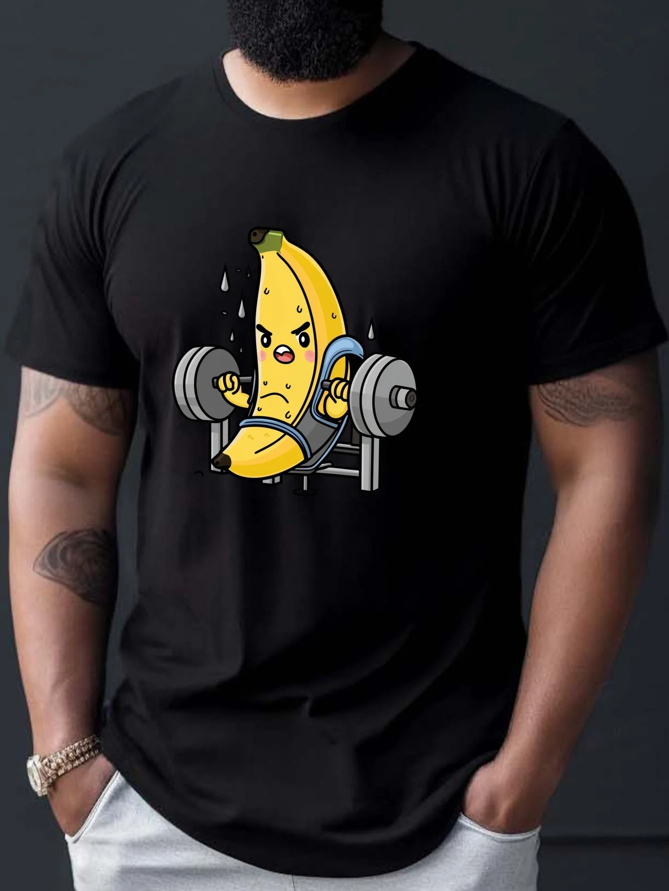 Men's Baking Bread Pattern T-Shirt Black Casual Cotton T-Shirt Eye-catching Printed Comfortable Short Sleeves Suitable