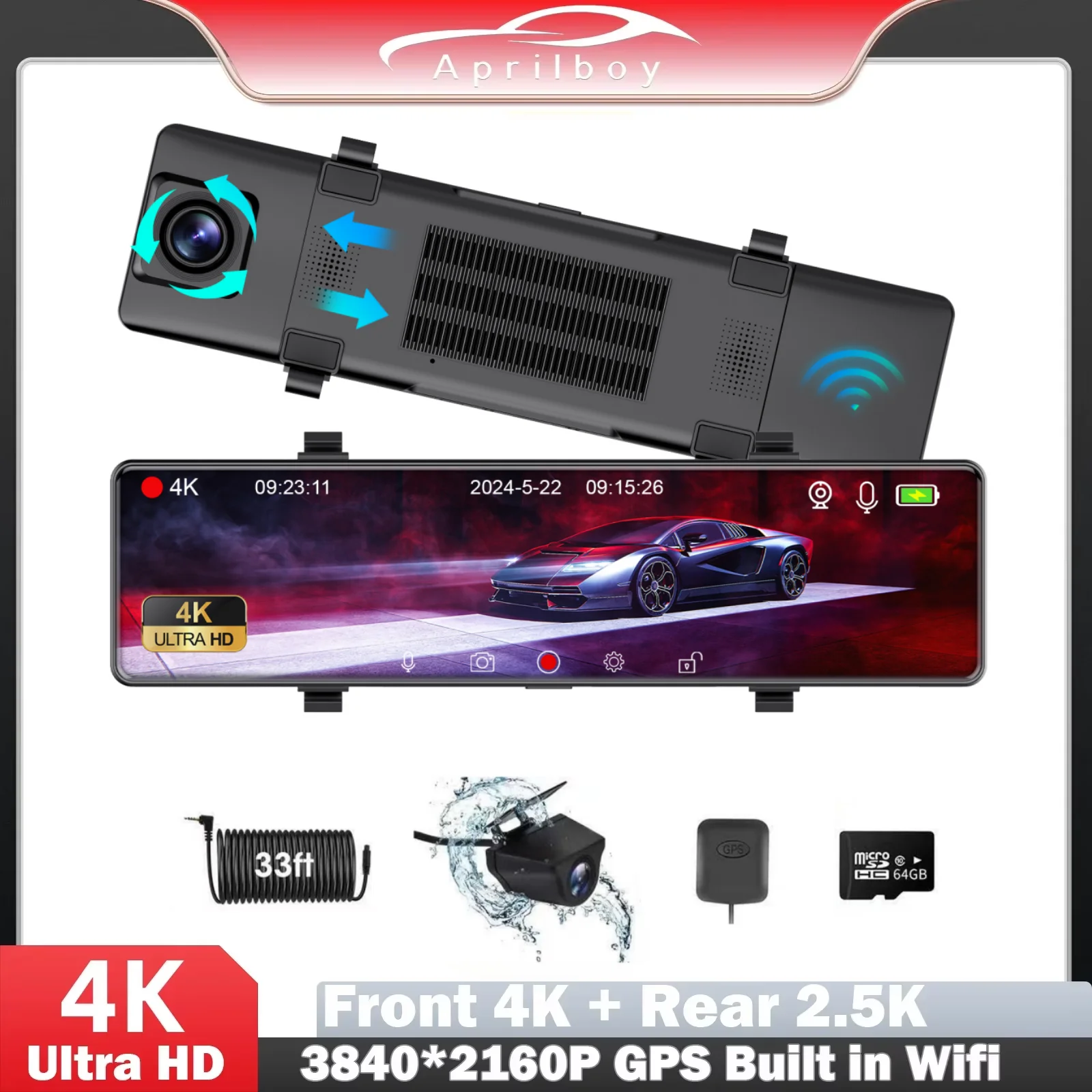 Aprilboy 12 Inch 4K Car Dvr Mirror WiFi GPS IPS Screen Stream Rear View Dash Cam Mirror Dual Car Camera Drive Recorder Black Box