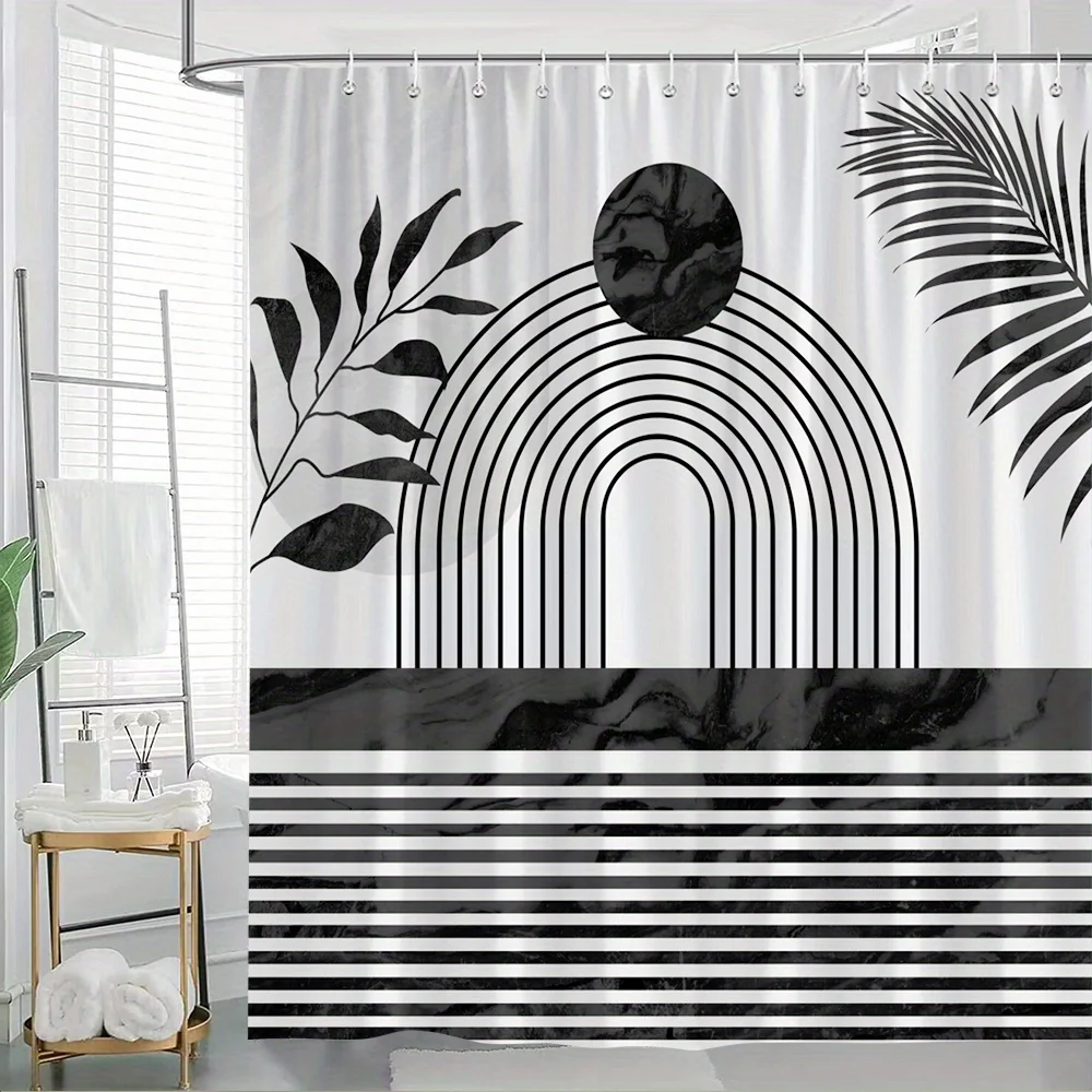 

1pc Black Circle and Fern Patterns Minimalist Art Shower Curtain Concentric Black Circles, Leafy Fern Patterns, Black Palm Frond