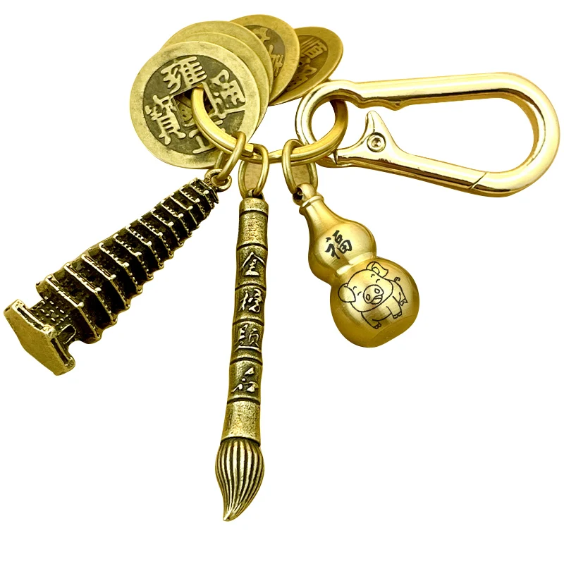 pure-copper-zhangsai-tower-pendant-brass-zodiac-gourd-keychain-creative-vermilion-mine-five-emperor-coins-festival-gift