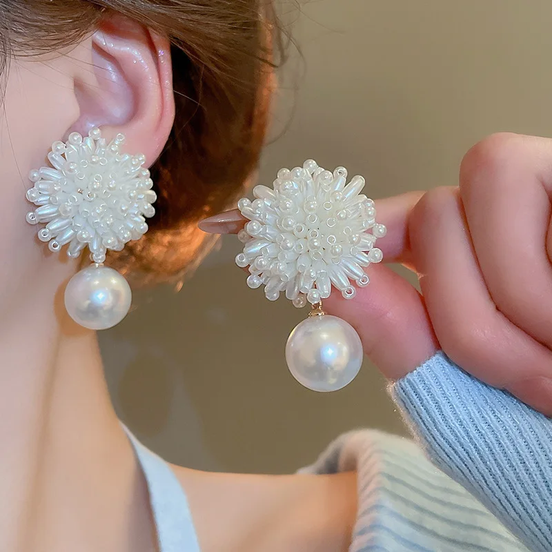 New South Korea Flower Pendant Pearl Earrings Elegant Fashion Simple Earrings Beautiful Women's Jewelry