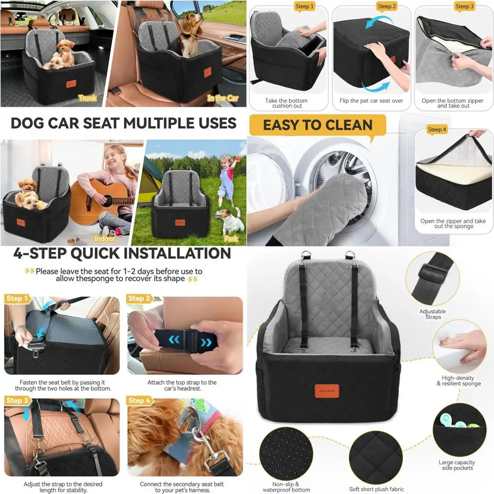 

Portable & Washable Dog Car Seat for Small to Medium Dogs up to 35lbs, with Storage Pockets and Safety Belt (Black/Grey, Medium)