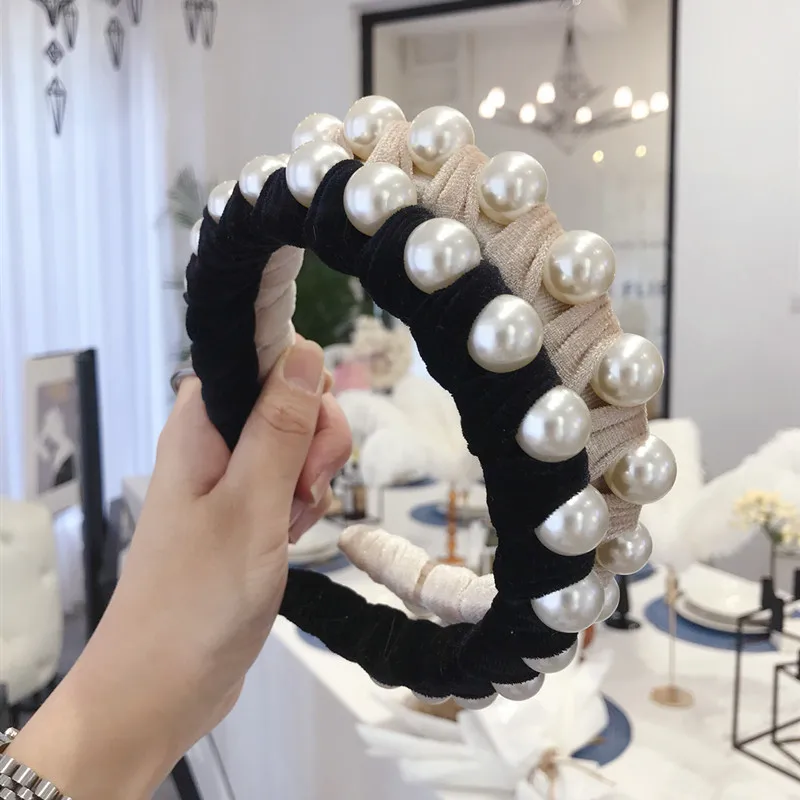 2023 Colorful Velvet Band Queen Pearl Hairbands Hair Hoops Bezel Thicked Vintage Fashion Wrapped Silk Braided Headband Head Wrap