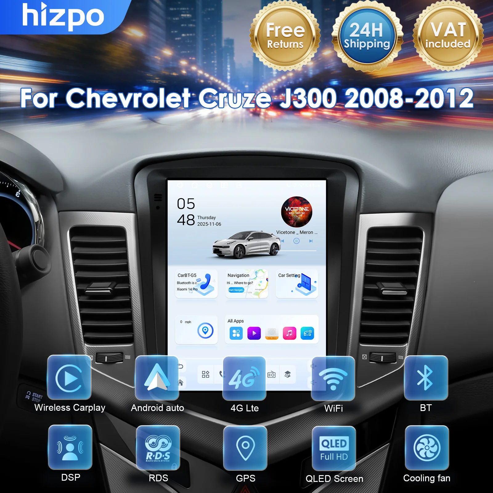Hizpo Autoradio Android Stile Tesla per Chevrolet Cruze J300 2008 - 2012, Lettore Multimediale con Carplay, GPS, Navigazione, Stereo 8+128G