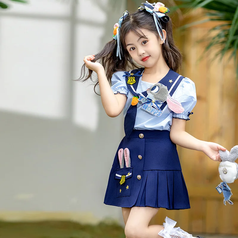 

Комплект из 2 предметов: детская форма офицера Джуди Хоппс из Зоотопии, рубашка и плиссированная юбка, аниме, кавайный стиль, летнее новое мультяшное платье принцессы