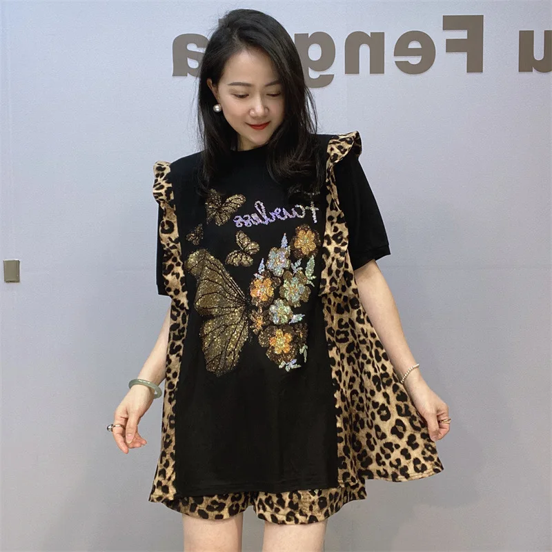 Two Piece Sets Womens Outfits Leopard Pritned Cartoon Diamonds Tracksuit Short Sets Women Casual Knitwear Летний Костюм Женской