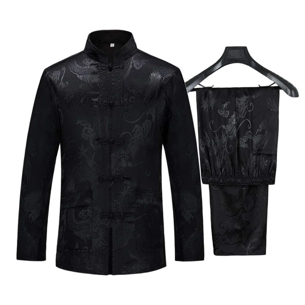 

Tang Suit Men Hanfu Chinese Traditional Clothes Kung Fu Shirt Uniform Long Sleeved Coat Tops and Pants Wu Shu Tai Chi Sets