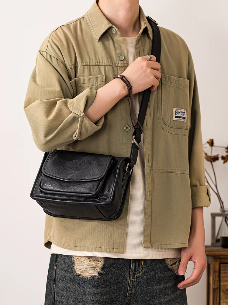 Outdoor casual luxury genuine leather men's shoulder bag weekend travel work real cow leather black crossbody bag for man