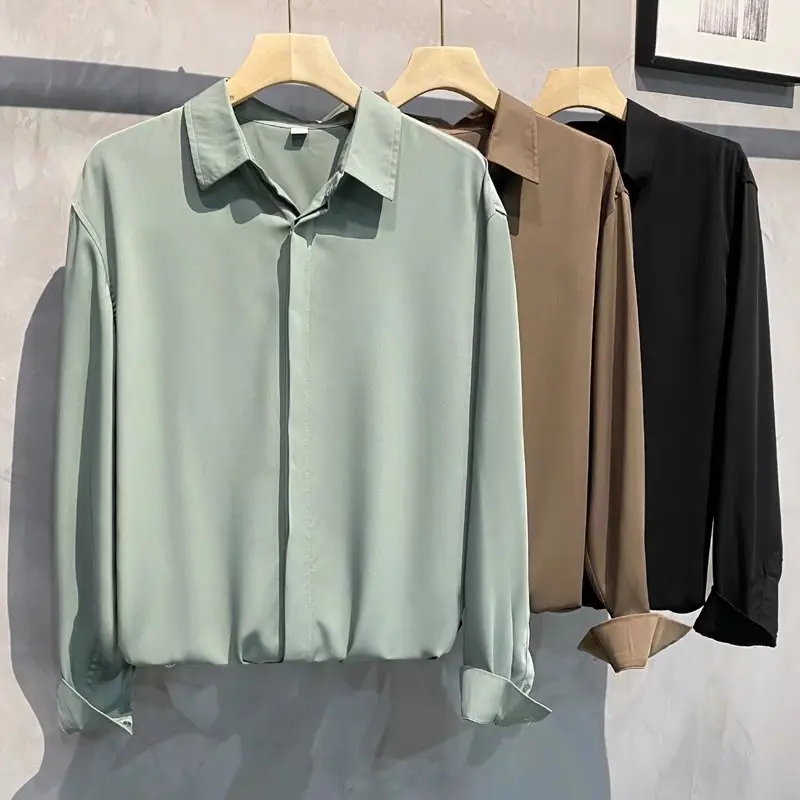 Ice Silk Long Sve irt Men's Casual Thin Feeling Summer irt with k Buttons Youth ular Loose Fit Iron Free Drapey ...