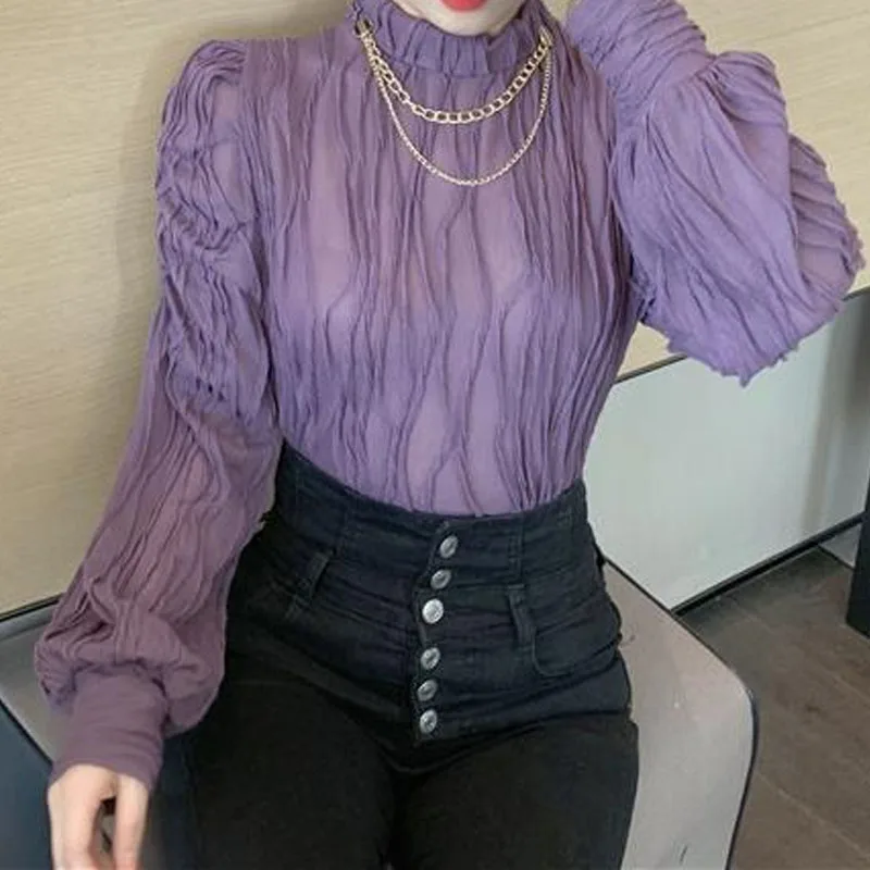 Fashion All-match Solid Color Folds Tops for Female Korean Simplicity Long Sleeve Stand Collar T-shirt Autumn Women's Clothing