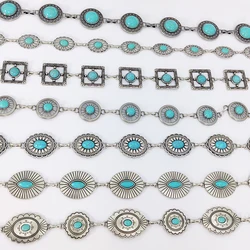 Fashion Silver Bohemian female circular waist chain luxury blue gemstone Ellipse chain belts for women suitable for Skirts dress