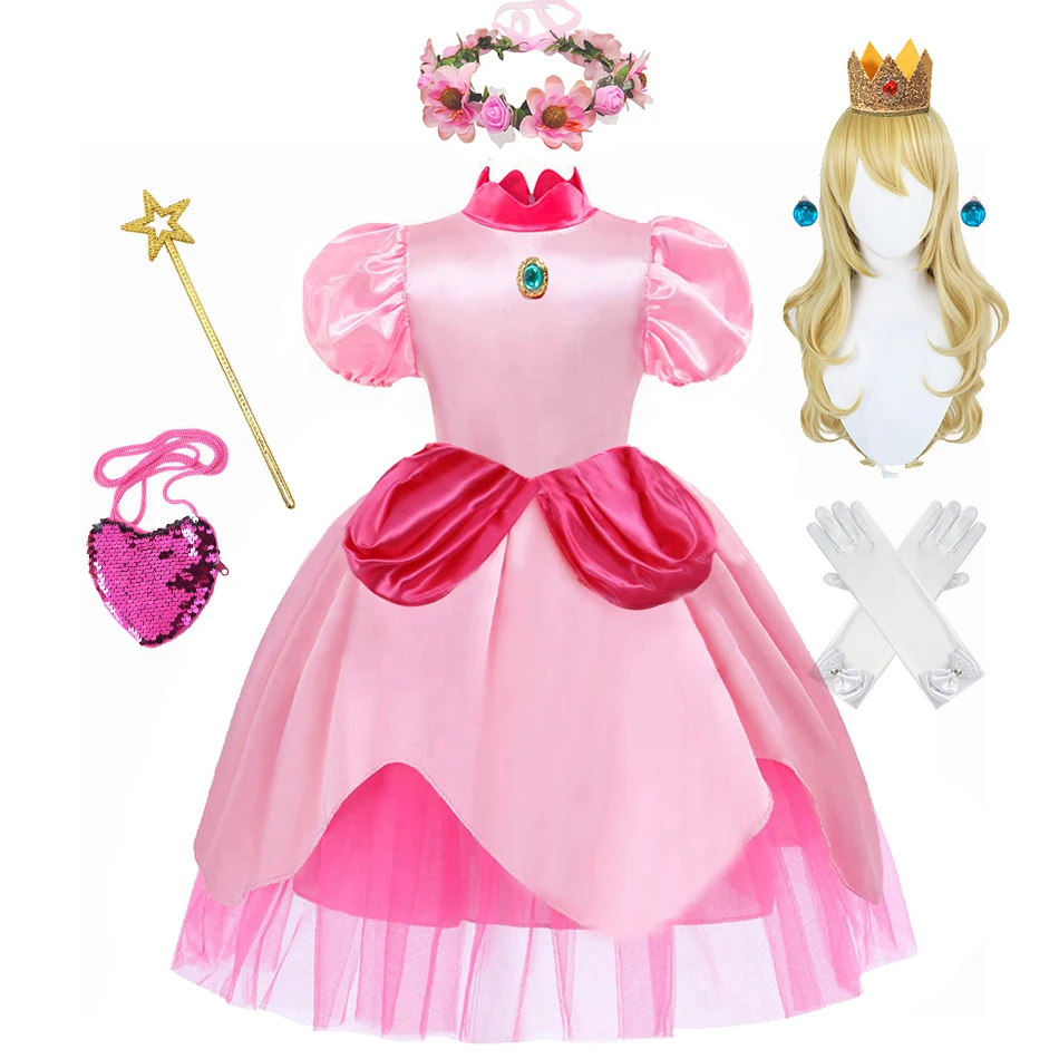 Peach Princess Cosplay Costume 2023 New Cartoon Movie Role Playing Dress Children Pink Frocks Carnival Birthday Party Outfits