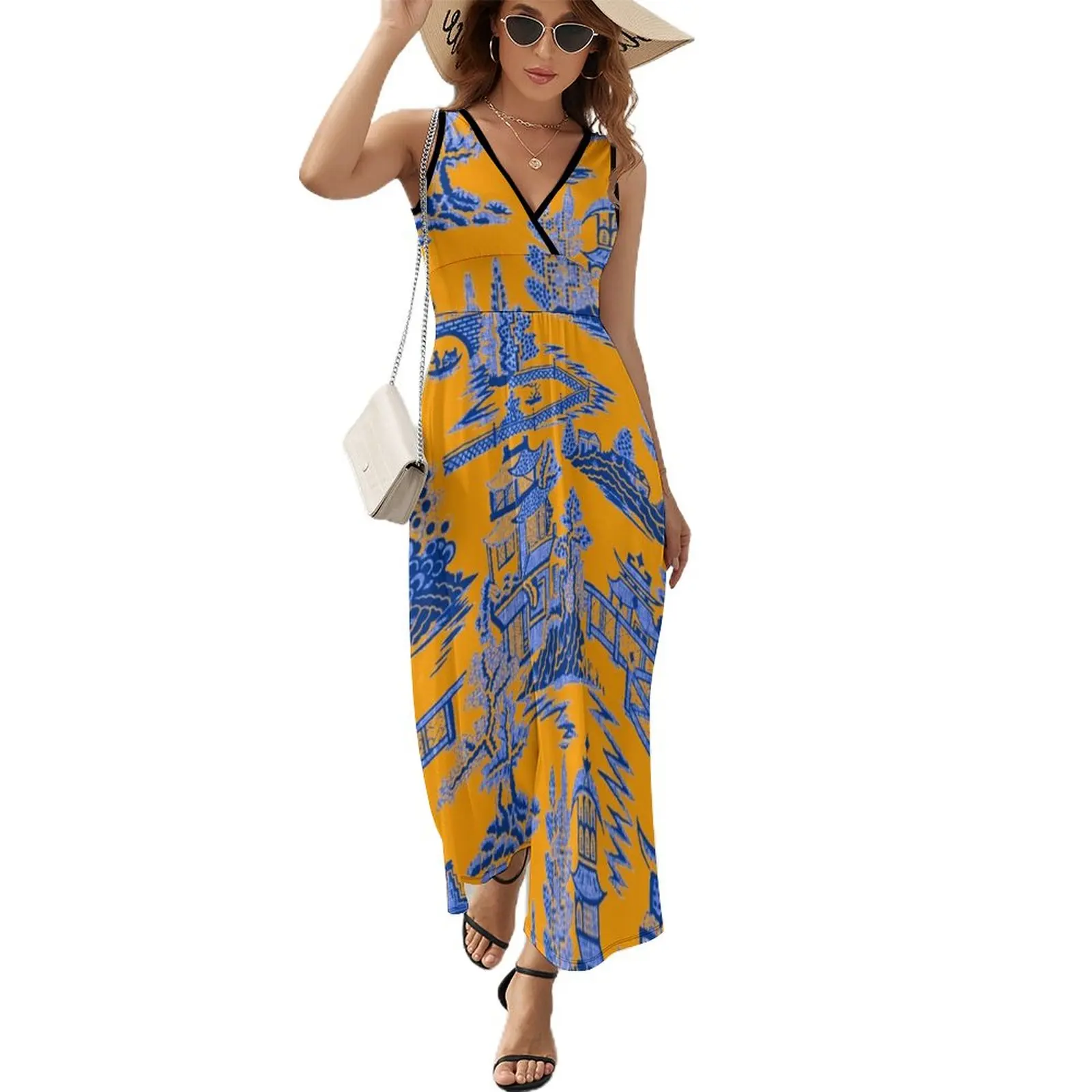 

Orange Blue Chinoiserie Pattern Sleeveless Dress dresses for womens 2024 Women's summer skirt dresses summer woman 2024