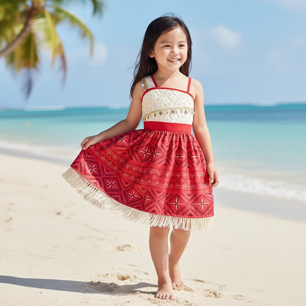 Girls Polynesian Style Spaghetti Strap Dress Sparkling Shell Belt Skin-Friendly Costume Ideal for Pageant Photo Shoot Vacation