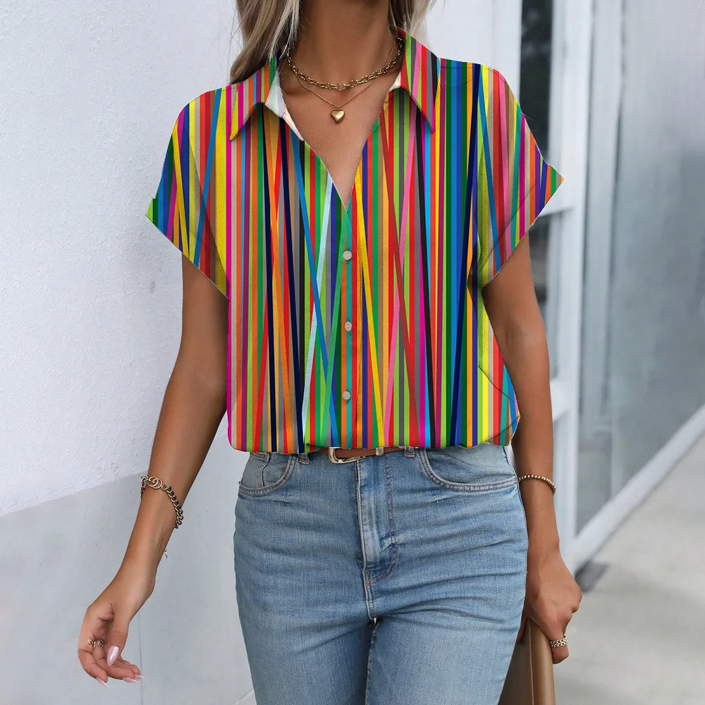 2024 Damesoverhemden En Blouses, Elegante 3dkleurige Blouses Met Streepjesprint Dameskleding, Zomer Casual Blouse-Tops Met Revers