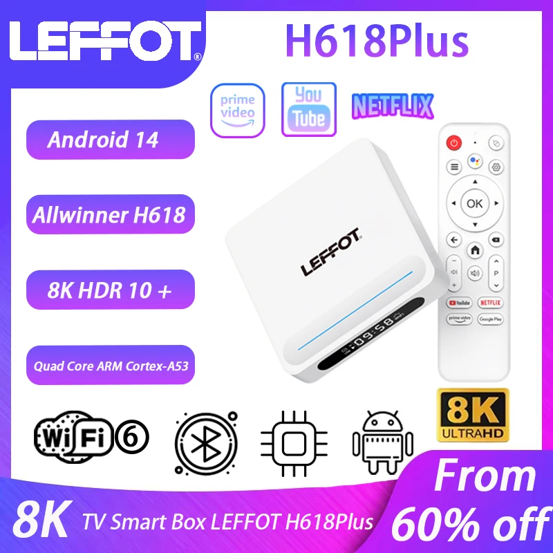 

LEFFOT H618Plus Tv Box WiFi6 BT5.4 100M Ethernet 8K@60fps Support Google Voice Assistant AI Android14 ALLWINNER H618 Set-Top Box