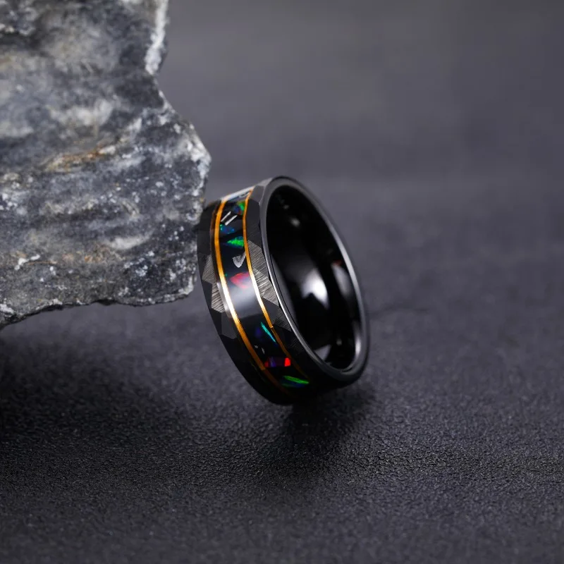 Tigrade 8mm Tungsten Wedding Band Rings For Men Real Opal and Metal slag Inlay Rose Gold Border Men's Engagement Promise Ring