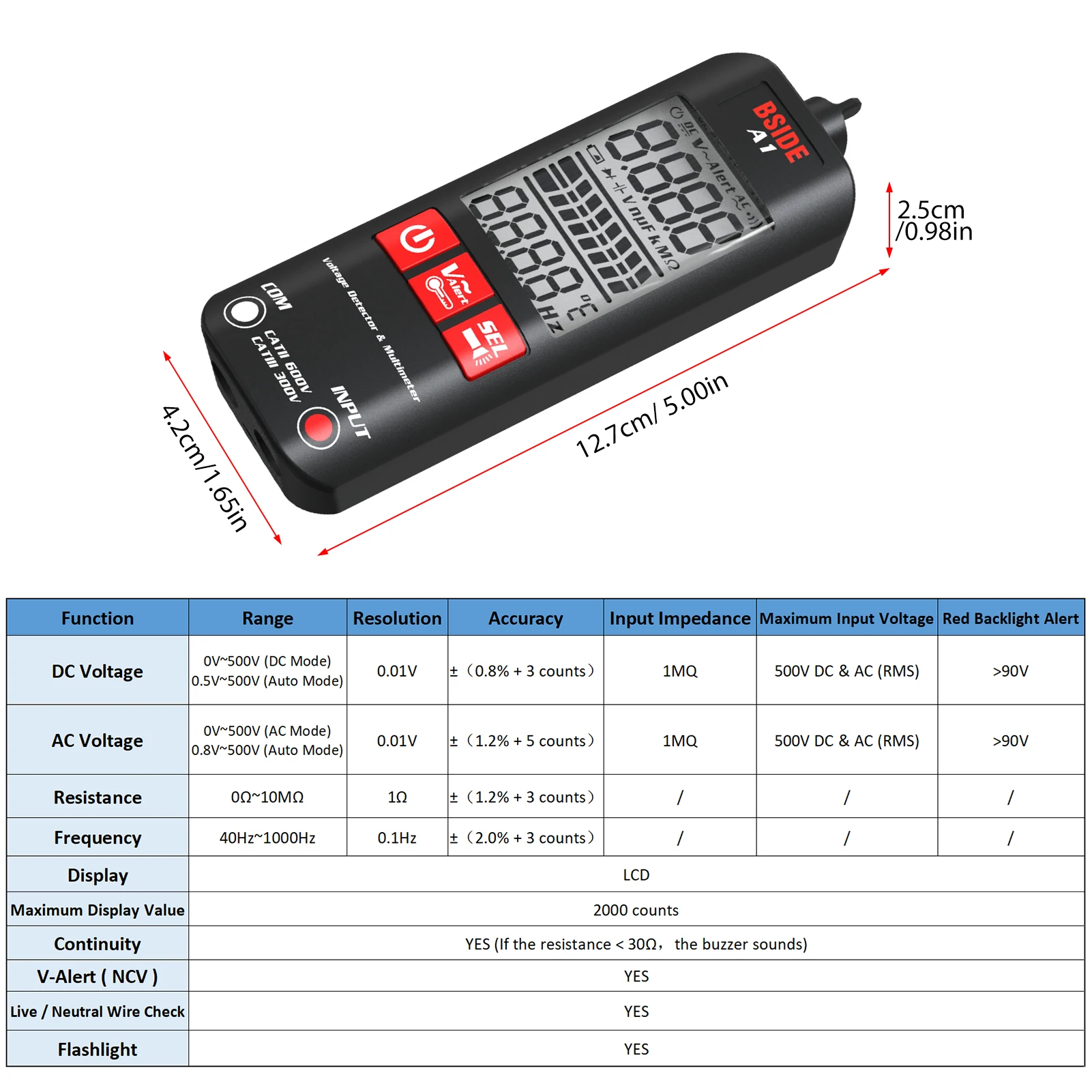 BSIDE A1 Mini multimetr czujnik napięcia cyfrowy Tester LCD 2000 zlicza napięcie DC/AC częstotliwość rezystancji NCV ciągłość na żywo