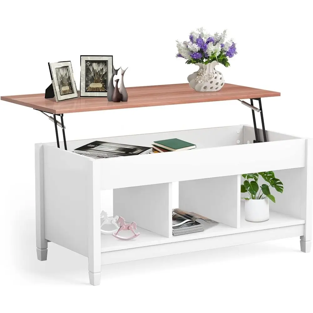 Hidden Storage Coffee Table with 3 Shelves, Rectangular Wood Legs for Living Room, White