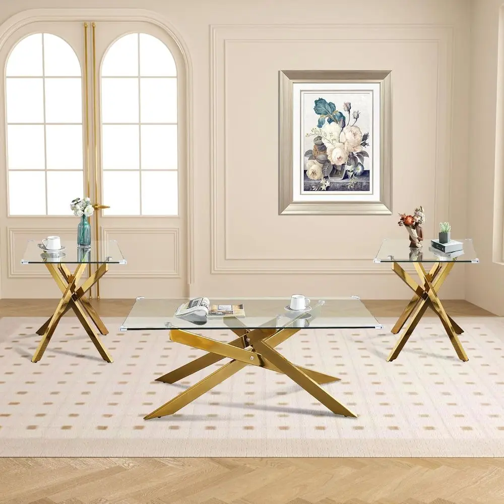 

3-Piece Tempered Glass Coffee and End Table Set with Gold Geometric Legs for Living Room or Bedroom
