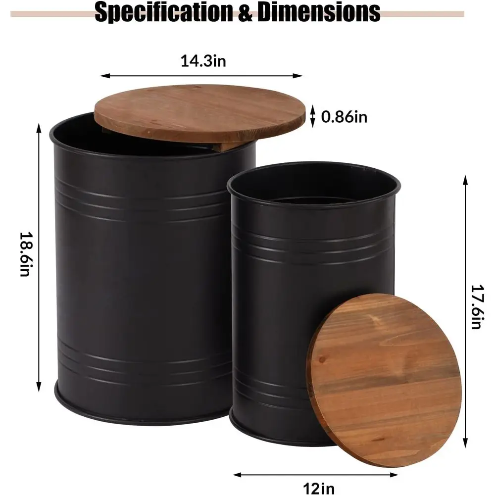 Pair of Galvanized Metal and Wood-Top Farmhouse Side Tables, Storage Coffee Table Stool for Living Spaces in Black