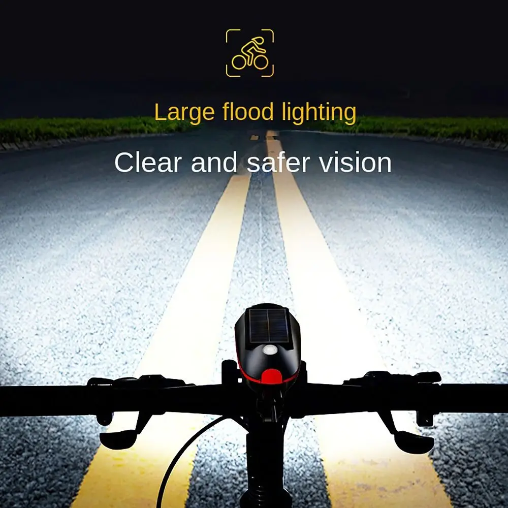 250 Lumens Bicycle Headlight with Bike Horn Alarm Solar Rechargeable Mountain Bike Light USB Charging High Brightness