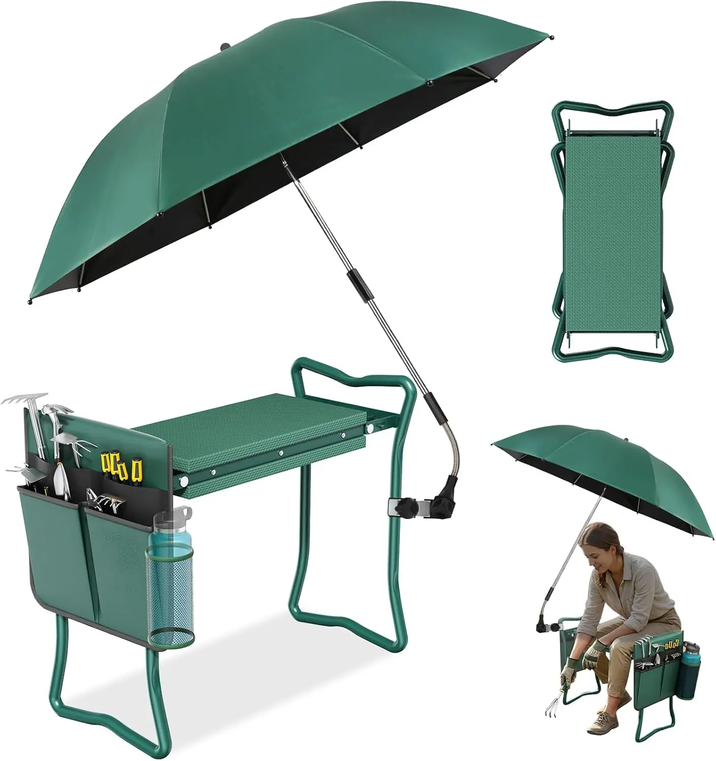 

2-in-1 Garden Kneeler with Umbrella, 330lb Capacity, Tool Bag & Bottle Holder, Gardening Gift