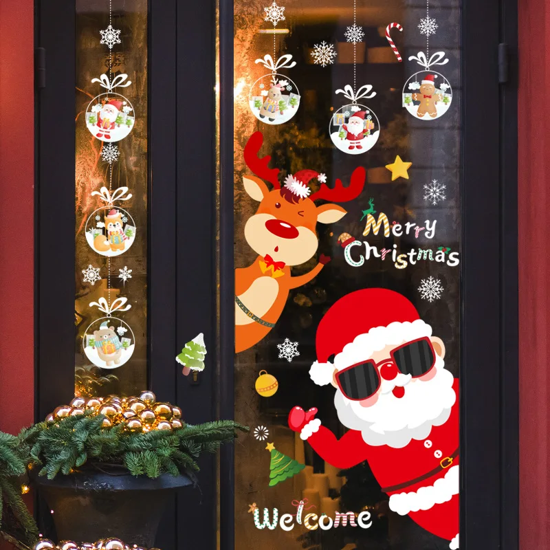 Christmas New Year Window Glass Stickers Santa Elk Snowflake Gift Pattern Wall Decals Holiday Home Decor