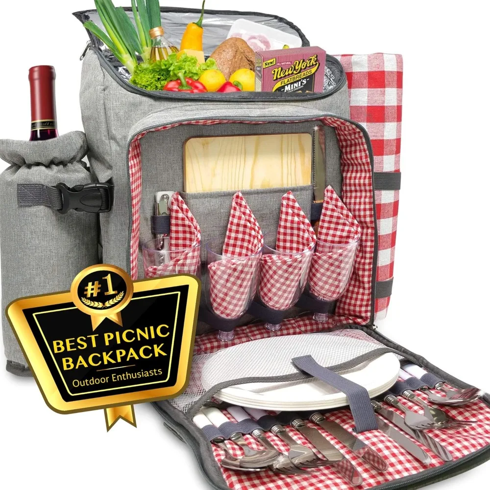 

Large Picnic Backpack, Insulated Bag with Detachable Wine Cooler & Picnic Blanket, Includes Dinnerware Set for 4