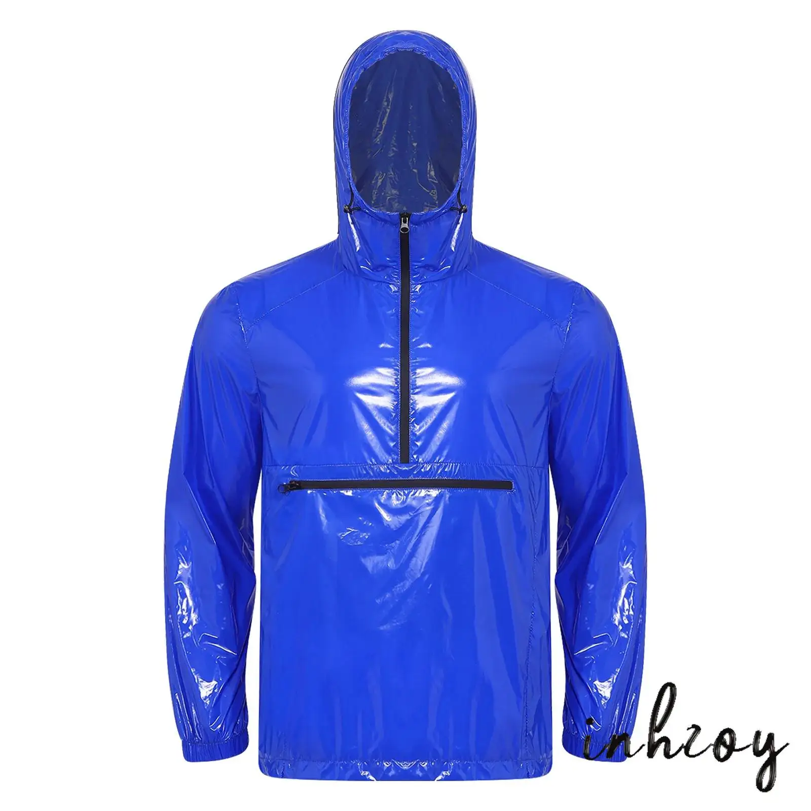 

Adults Hiking Raincoat Hooded Sweatshirt Waterproof Long Sleeve Front Zipper Kangaroo Pocket Windbreaker Fashion Mens Jacket