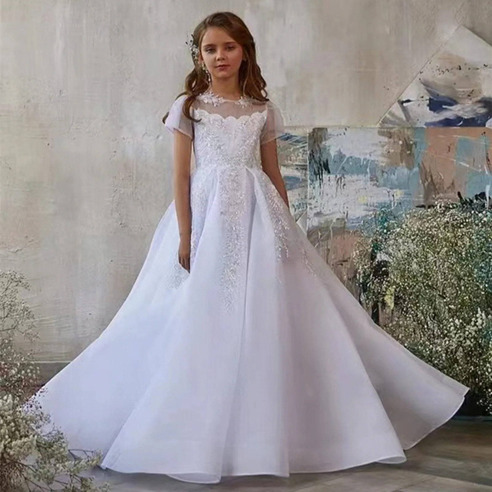 Primeiro comunhão vestido para apliques de casamento vestidos da menina flor tule branco renda bonito beading vestido de baile para o aniversário do bebê