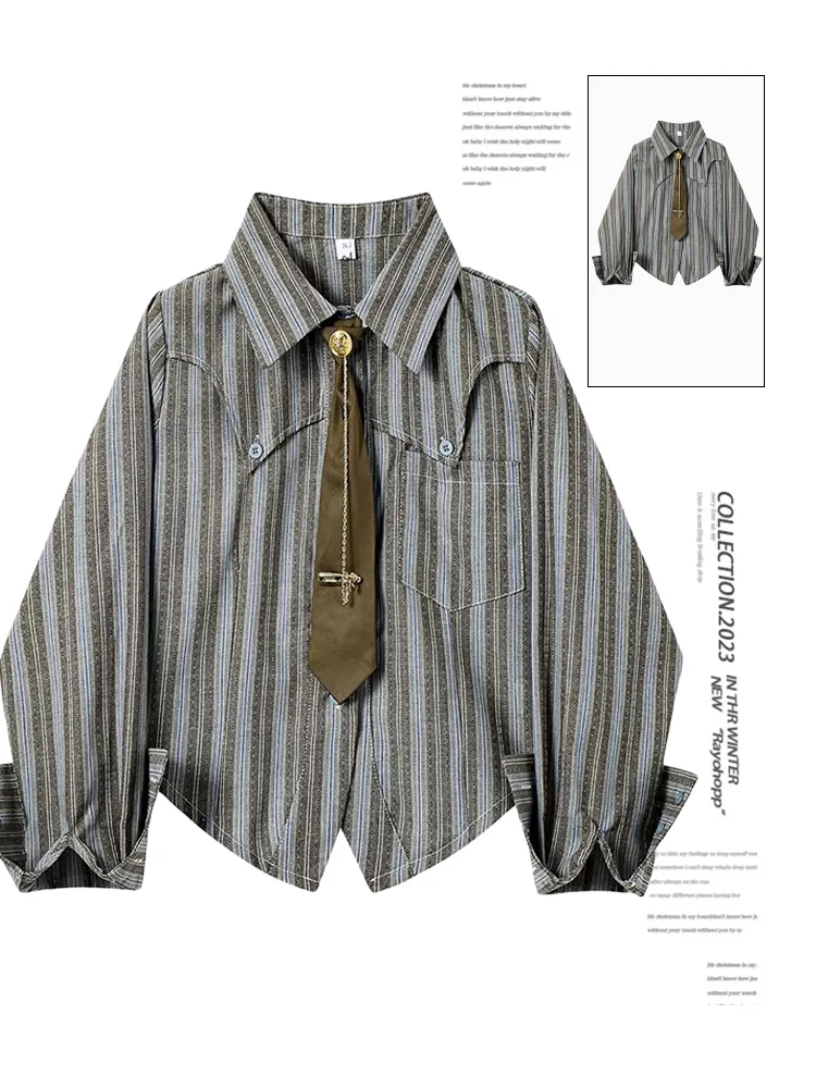 Women\'s Brown Striped Shirts and Blouses Y2k Vintage Harajuku 2000s Elegant Oversize Polo-Neck Long Sleeve Shirts Clothes Summer