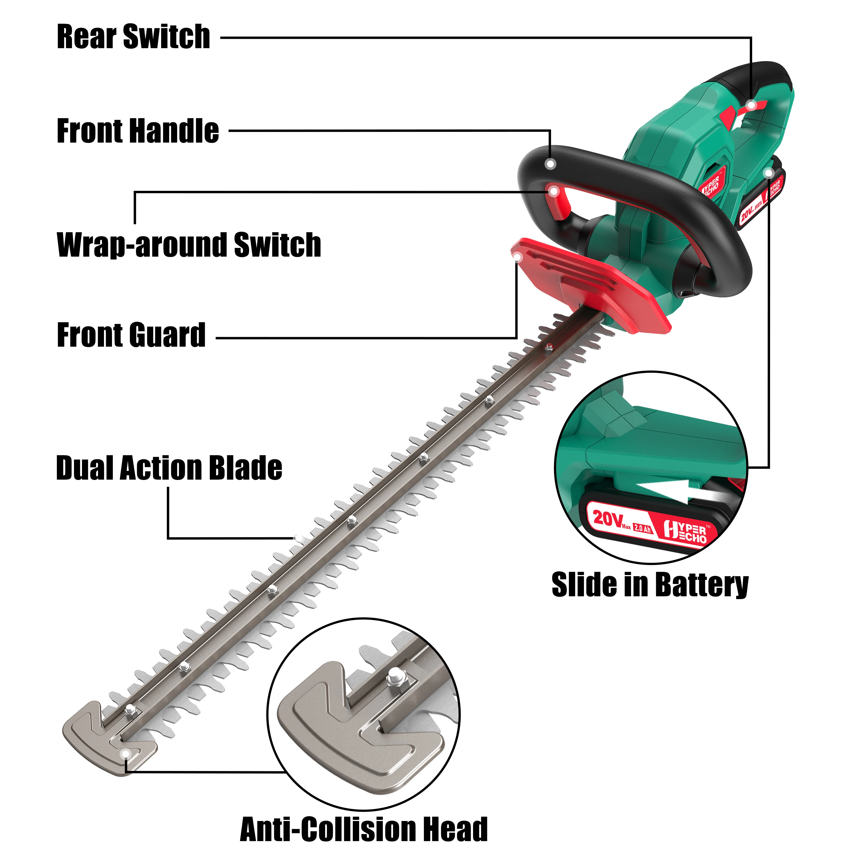 

HYPERECHO HYCHIKA Cordless Hedge Trimmer 18 Inch Electric Shrub Trimmer 20V 3 / 4 " Cut Capacity