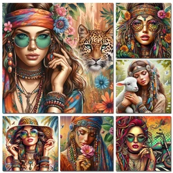 Diamond Painting Woman Portrait Full Diamond Embroidery Feathers Leopard Flowers Mosaic Cross Stitch Kits For Home Decor Gift