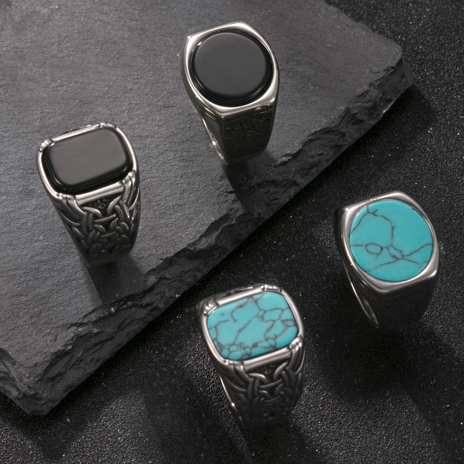Luxurious Retro Turquoise Black Agate & Tiger Eye Stone Men Women Trendy Oval Ring Casual Fashion 316L Stainless Steel Jewelry