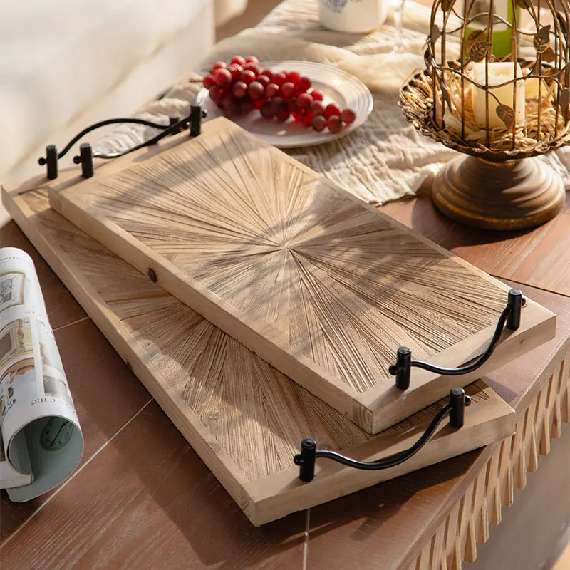 

Wabi Sabi Style Distressed Wood Tray with Iron Handles - Rustic Dual Handle Decorative Organizer for Coffee Table, Dining