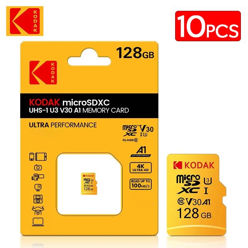 

10Pcs Kodak Original Memory Flash Card 128GB High Speed Class10 32GB 64GB Micro SD Card 256GB 512GB TF Card with Free SD Adapter