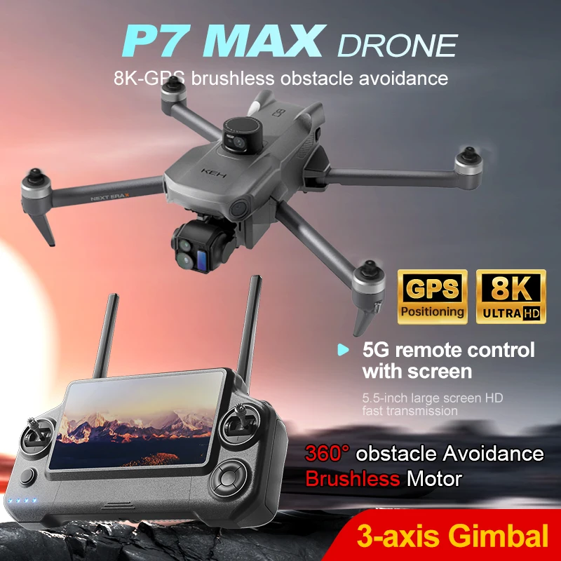 Professional P7 MAX 360° Obstacle Avoidance Drone GPS Return 8K Dual Camera FPV 3-Axis Gimbal With Screen RC Airplane Toy