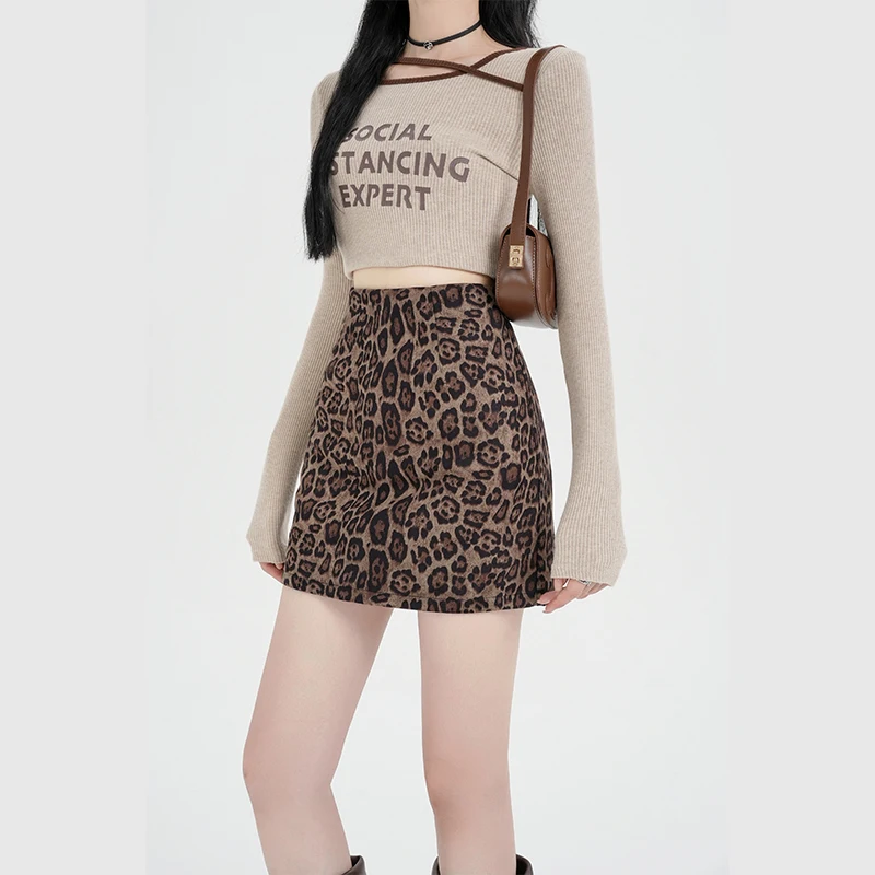 Y2K 레오파드 프린트 스커트 여성용 랩 미니 스커트 하이 웨이스트 슬림 핏 아메리칸 스타일 스파이시 걸 가을 겨울
