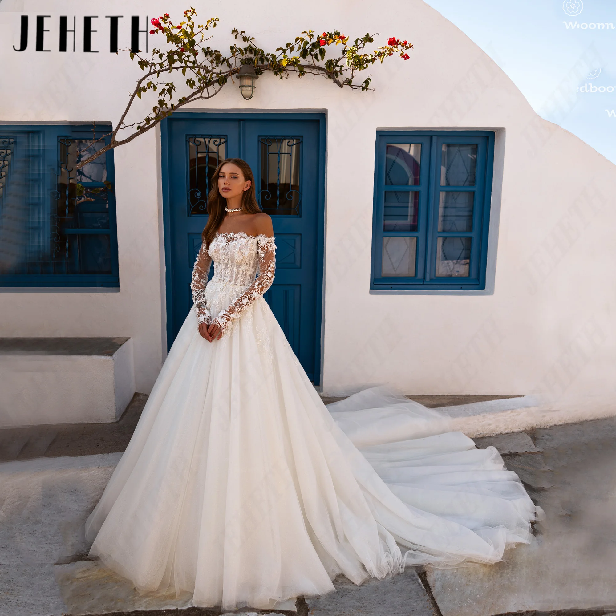 JEHETH A-Line Princess Wedding Dress Customized Tulle Boat Neck Bridal Dresses Floor-Length Backless Bride Gowns Lace Appliques