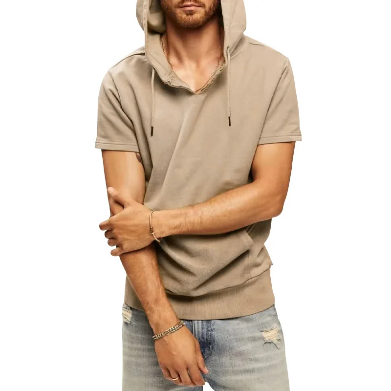 Summer Men\'s Short Sleeve Vest Sports Casual Sleeveless Hooded Loose Tank Top T-shirt