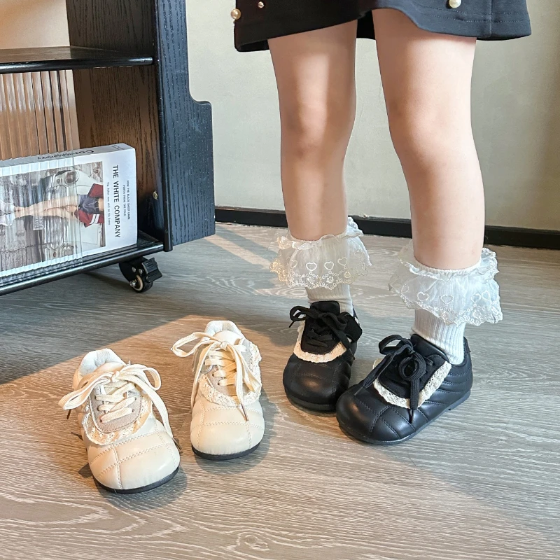 

Girls Leather Shoes 1-12 Years Old Beige Lace Childrens White Shoes Four Seasons Models Black Soft Bottom Non-slip Kids Sneakers
