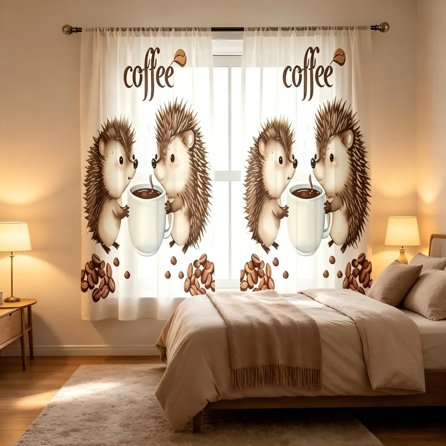 2PCS Digital Print Sheer Curtain, Hedgehog Coffee Brown Cute Animal Autumn Window Drapes for Living Room Bedroom Home Decor