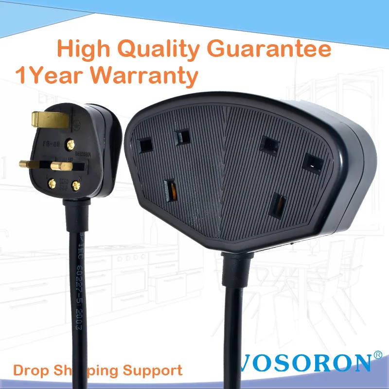 UK 3Pin Plug To Dual Female Socket Power Extension Cable With 13A Fuse, Singapore Malaysia HK Male To Female AC Power Cord