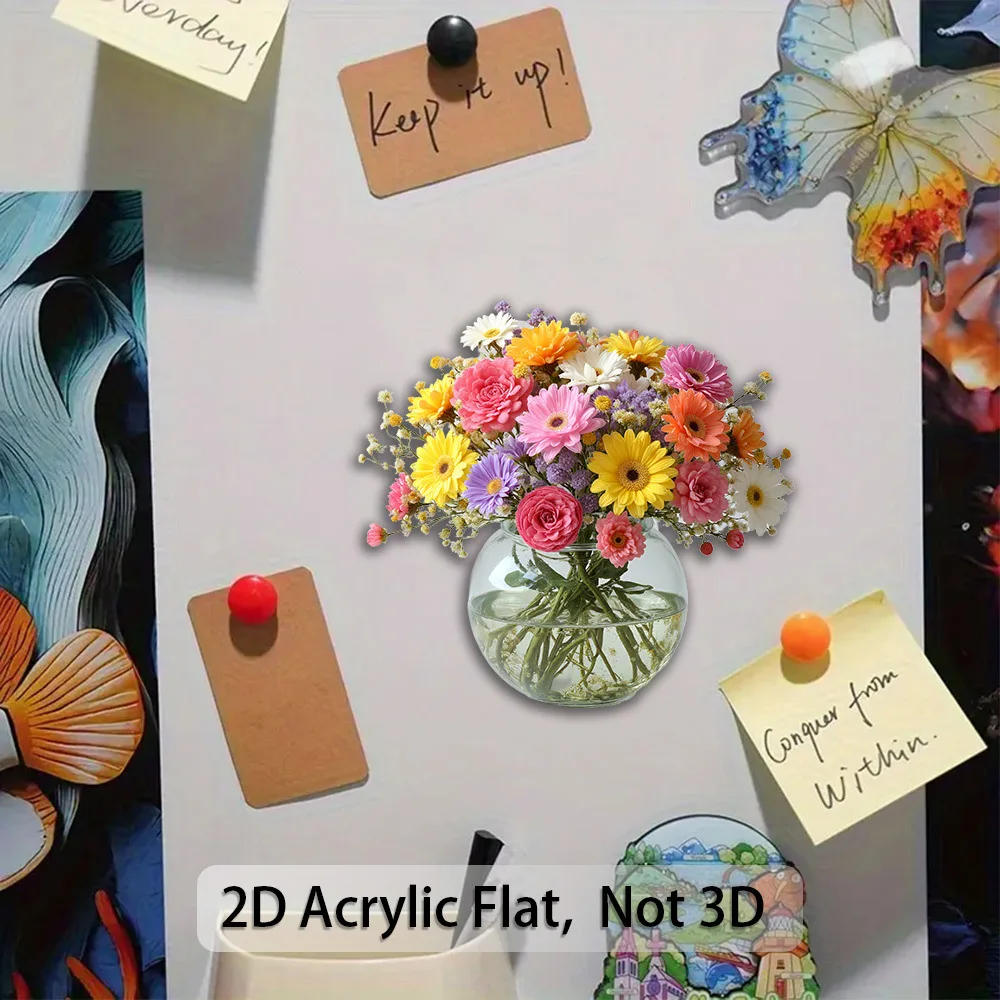 2pcs 2D Flat Fridge Magnet,Vibrant Floral Bliss Round Glass Vase with Colorful Daisies & Wildflowers,for Fridge & Kitchen Decor