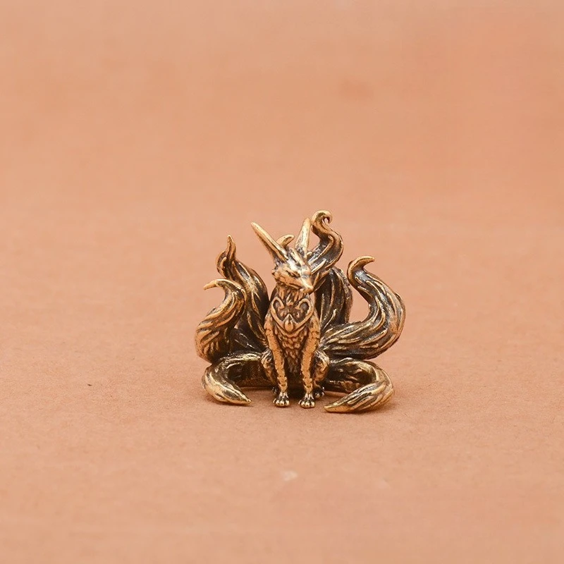 Brass Mythical Fox Statue Seven/Nine Tailed Fox Miniature Figurines Desk Ornament Mini Copper Animal Sculpture Home Decor Crafts