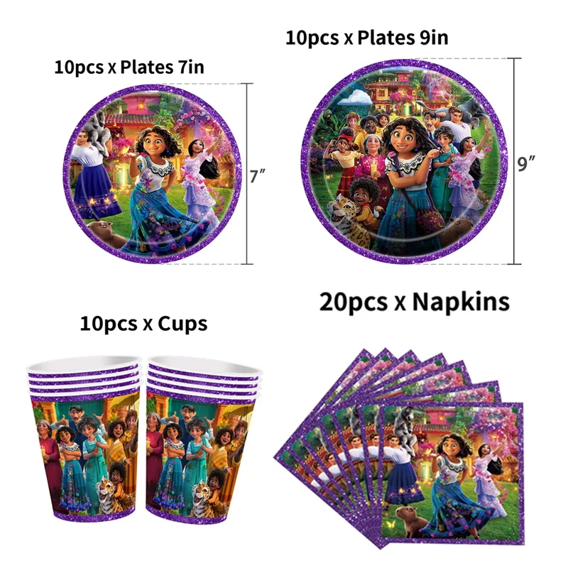 Disney Encanto Birthday Party Decoration Purple Tableware Supplies Paper Plates Napkins Cups Disney Charm Balloons Baby Shower