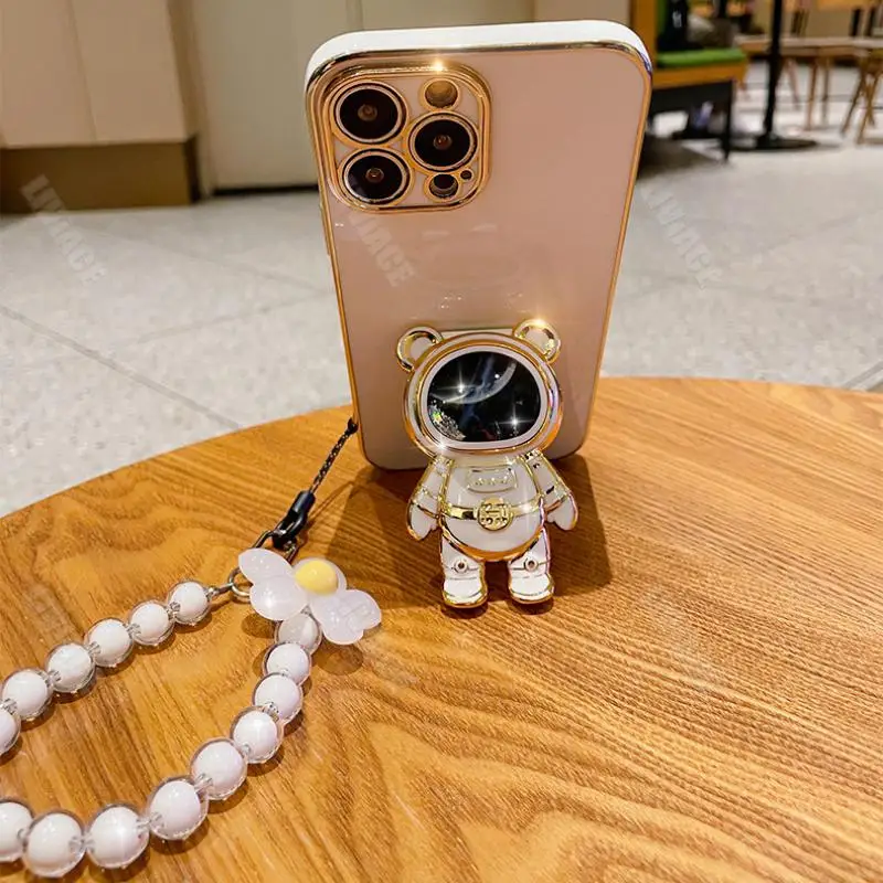 우주 비행사 꽃 팔찌 케어 iPhone 14 11 12 13 Pro Max 13 12 Mini 8 7 6 6S Plus 10 X Xr Xs Max SE 접이식 스탠드 커버
