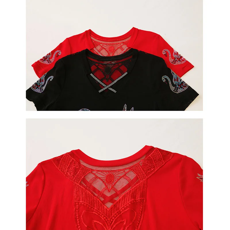 أسود، كوري، نمط، تي شيرت، أنيق، مثير، رقبة على شكل حرف V، مجوف، لامع، الماس، النساء، بلايز، كم قصير، قميص سفلي، تي شيرت، جديد، 522501